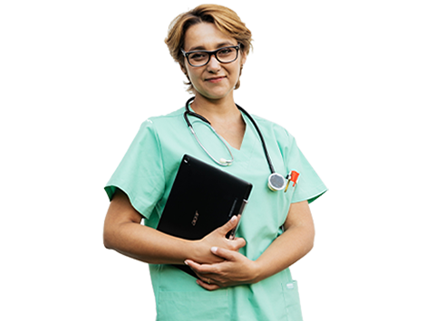 Health personnel standing with her personal laptop